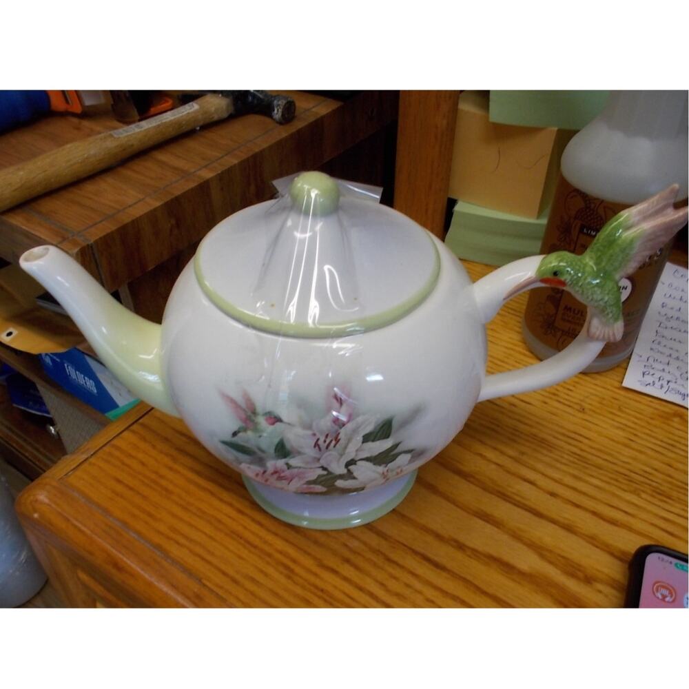 Teleflora Gift Lena Liu Hummingbird and Lilies Ceramic Teapot Floral Green White